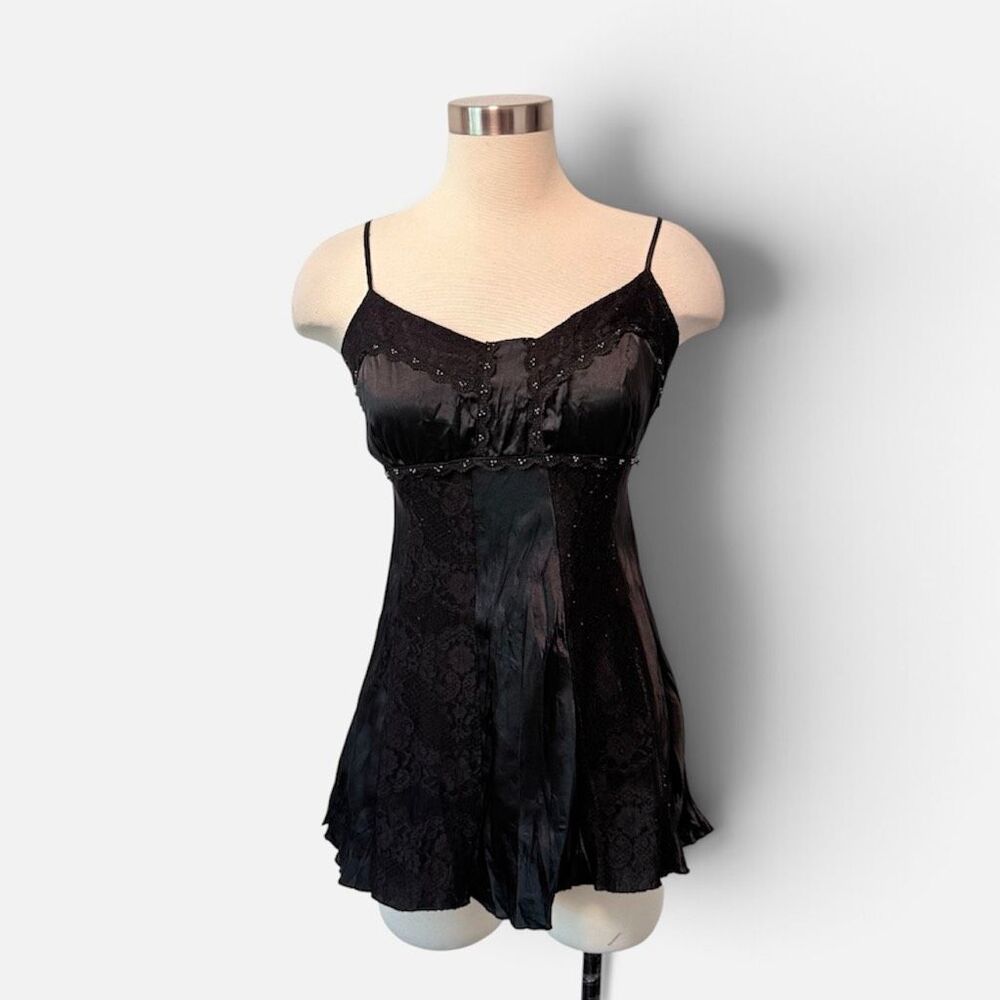 Y2K Fang Dolled Up Black Crinkle Lace Sequin Tank Top Large L Tunic